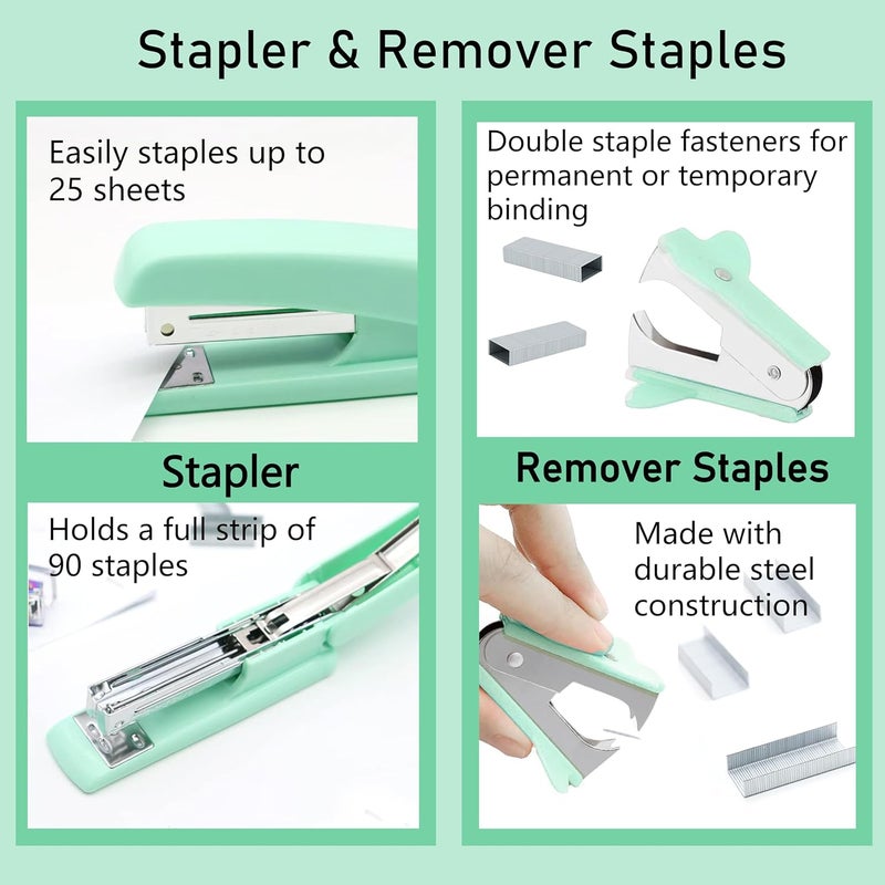 Famassi Green Office Supplies, Purple Desk Accessories, Stapler, Staple Remover, Tape Holder, Pen Holder, Ballpoint Pen, Scissor, Binder Clips, Paper Clips and 1000pcs Staples. - Image 3